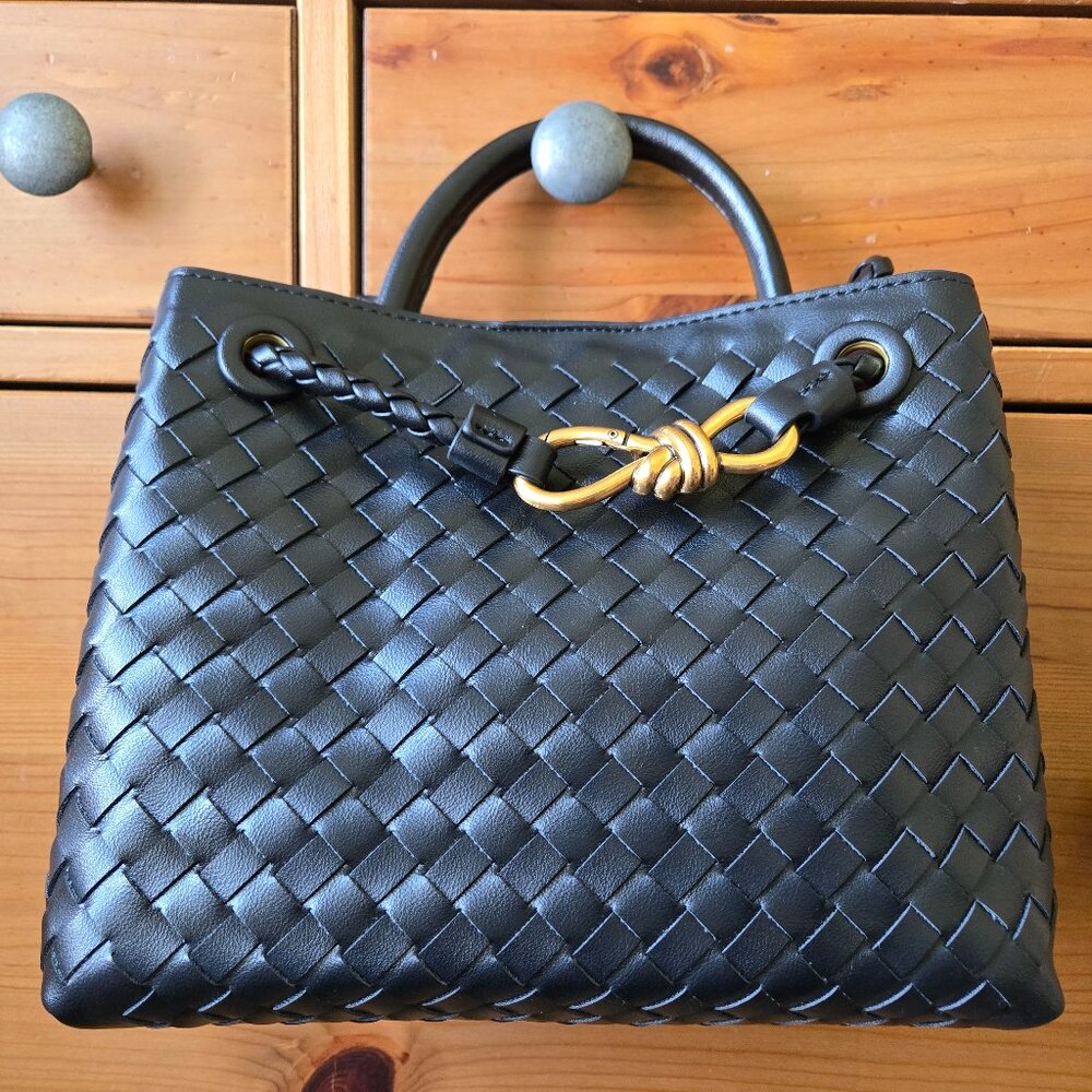 Black top handle woven vegan leather tote bag